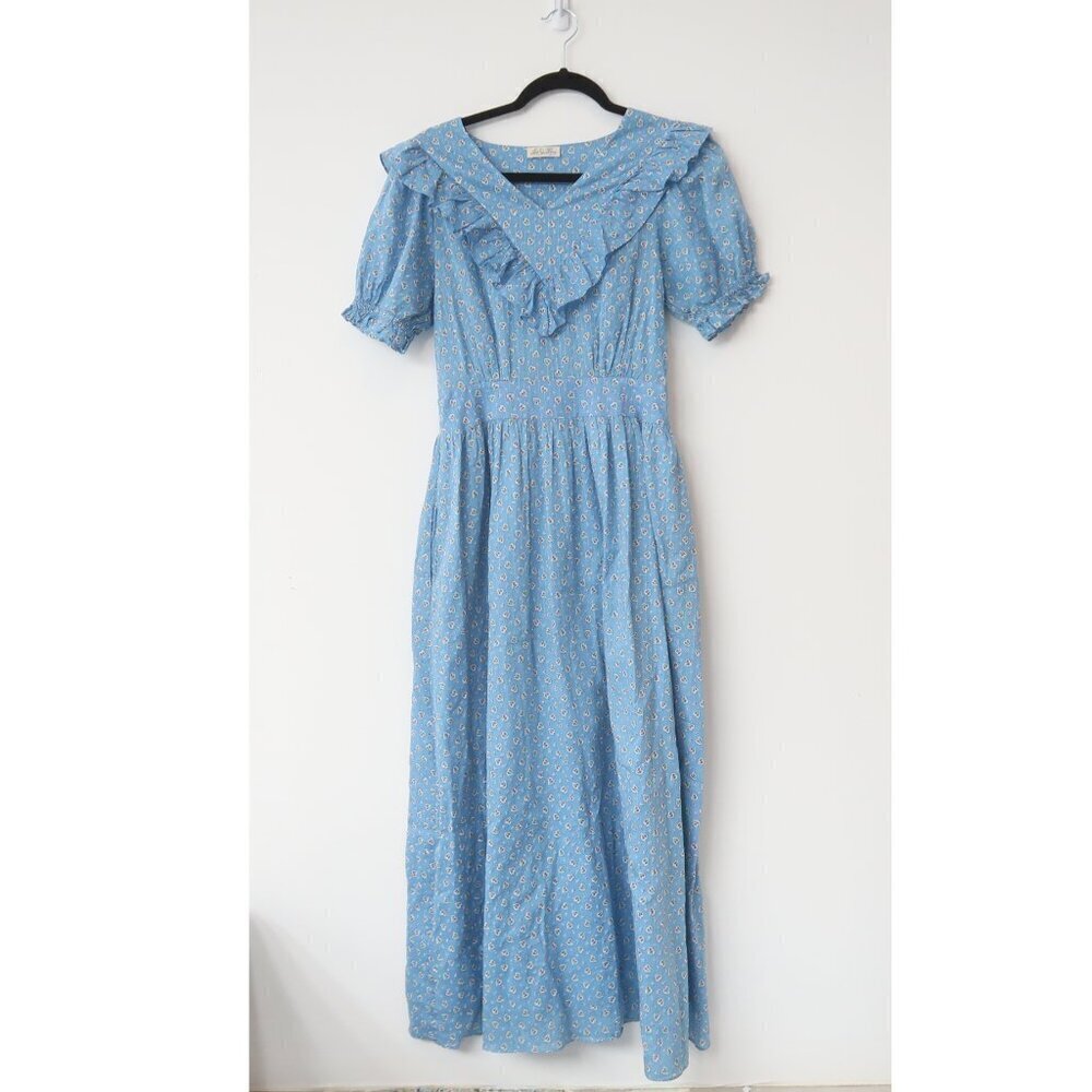 LoveShackFancy Floral Peasant Midi Dress Blue Short Sleeve Size 2
